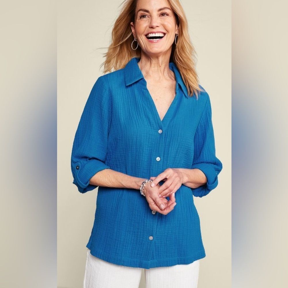 Soft Surroundings Addison Gauze Big Shirt French Blue Button-Down size Small